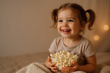 Naklejka premium Happy child laughing while watching a movie and eating popcorn, cozy family evening at home