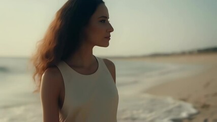 Young Woman in Flowing Dress Walks Along a Tranquil Beach at Sunset