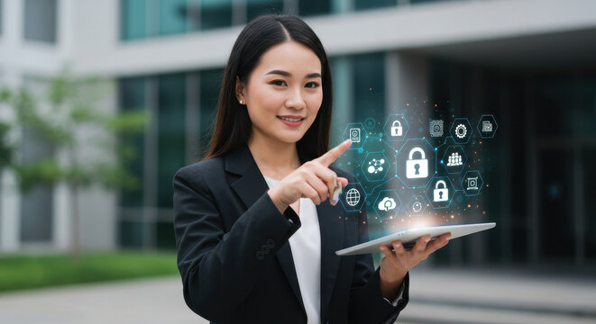 Data Security professional, an Asian woman in her 30s, taps holographic cyber security interface on tablet outside modern office building.