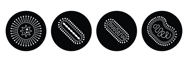 Virus cells infection biology black circle icon vector illustration for medical microscopic view pandemic disease structure science research symbol.