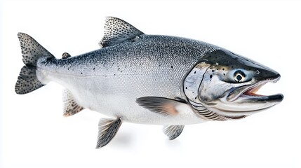 A fresh Atlantic salmon displayed cleanly on a white background, ready for preparation or presentation.