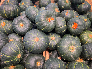 Fresh organic Japanese green pumpkin in basket for selling in the supermarket.