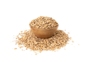 Spelt flakes isolated, dry raw rolled flat oat grains, wheat, oatmeal or bran, barley rye cereals
