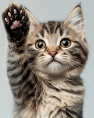  Adorable tabby kitten raising paw like waving or high five.