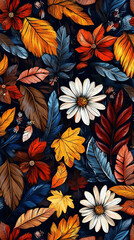 Fototapeta premium Vibrant autumn floral pattern showcasing a rich mix of colorful leaves and flowers.