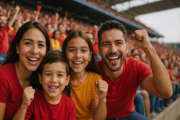 Fototapeta premium Enthusiastic family cheering and having fun while watching a sports event at the stadium, celebrating their team victory