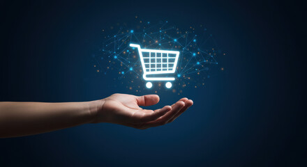 E-Commerce Network: Open hand presenting digital shopping cart on a glowing blue connected network.