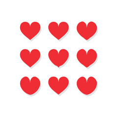Nine red heart shapes for Valentines Day
