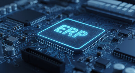 ERP system technology glows on circuit board, powering enterprise resource planning with a neon light of innovation.