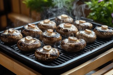 Shiitake mushrooms grilling on hot grill