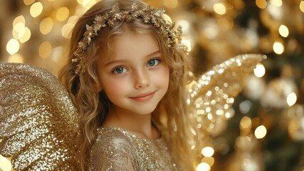 little girl in a dress with angel wings on the background of a Christmas tree, new year, masquerade, carnival, child, holiday, party, celebration, postcard, winter, december, portrait, kid, childhood - Powered by Adobe
