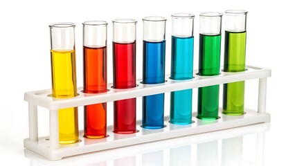 Colorful test tubes with liquid in rack isolated on white PNG background
