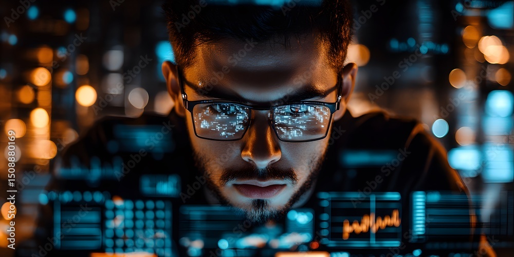 Poster focused young man analyzing data on computer screen at night