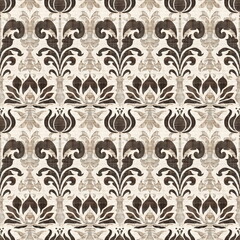 Seamless brown floral pattern on a cream textured background. Textile design for fabric and interior decoration.