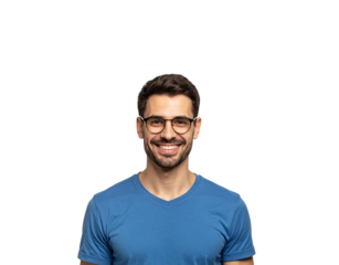 Smiling man with round glasses and a blue tshirt looking directly at the camera