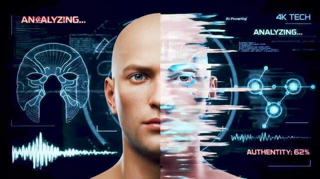 Human face and AI rendered digital counterpart with data overlays, brain scans, and Authenticity 62% label, illustrating AI-driven deepfake detection. - Powered by Adobe