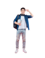 Fototapeta premium Full body image of young Asian male student holding book , wear backpack and posing on PNG background 