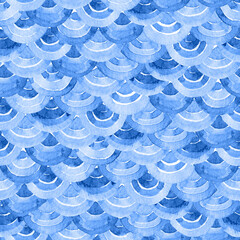Abstract wallpaper with scales. Blue half-circular pattern. Watercolor hand drawn Background and wallpaper red design style. © zenina
