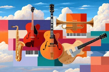 Colorful composition of musical instruments with bold patterns and cloudscape background
