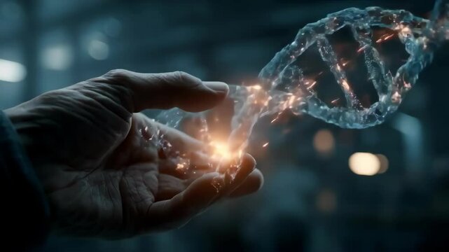 Hand interacting with DNA hologram and molecule pattern assisted by AI