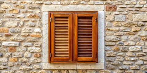 Fototapeta premium Rustic Charm: Candid Photo of Wooden Shutters on Stone Wall