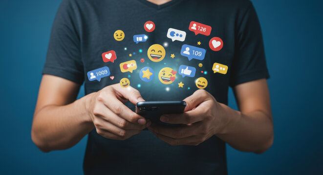 Social Media Engagement: A man in his 30s interacts with his smartphone, attracting numerous likes, comments, and followers in a vibrant digital display.