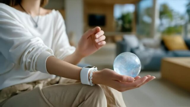 A woman hesitantly touches an AI orb device for the first time