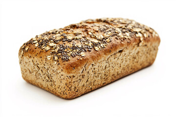 A close-up shot of a loaf of whole grain bread, freshly baked and full of seeds.