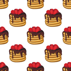 Golden brown pancakes stack topped with fresh raspberry. Seamless pattern isolated on white background