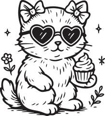 cat with heart-shaped glasses and cupcake