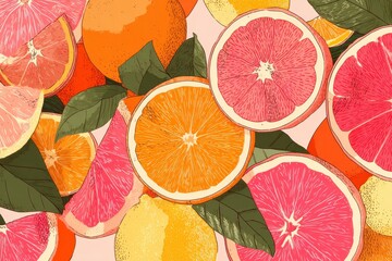 Vibrant Citrus Fruits Pattern with Artistic Hand-Drawn Style