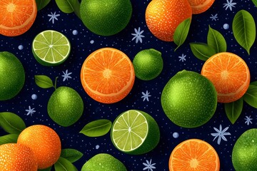 Vibrant Citrus Fruits Pattern with Oranges, Limes, and Leaves