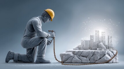 Illustration of A construction worker chiseling a statue of himself from stone while chained to the base. Concept of building self under restriction.