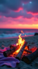 Warm beach bonfire by the ocean at vibrant sunset.