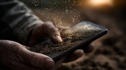 A farmer holding a cracked smartphone with soil pouring out of the screen. Concept of lost connection to the land.