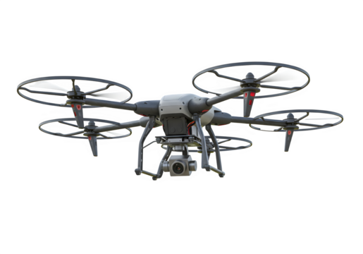 A drone with camera on a white or transparent background. PNG