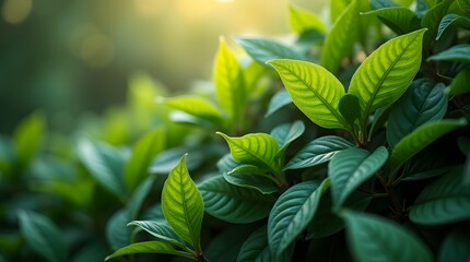 Obraz premium Lush green leaves of Kratom, Lawsonia inermis, and Ophiorrhiza, bathed in soft sunlight. Ideal for showcasing natural remedies, herbal medicine, and Southeast Asian flora.