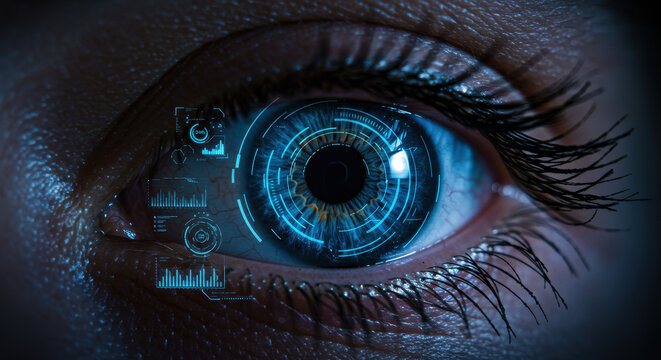 Futuristic Eye Scan: Woman's Blue Eye Enhanced with Technology and Data Overlay, Creating a Vision of Innovation. - Powered by Adobe