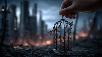 A hand unlocking a cage full of butterflies while the background shows a war zone. Concept of fragile freedom in chaos.