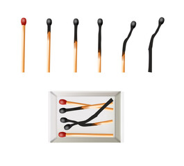 Matchbox, empty package for match sticks in top and perspective view. Realistic mockup of 3d blank box. Stages of burning the match. Symbol of ignition burning. Vector