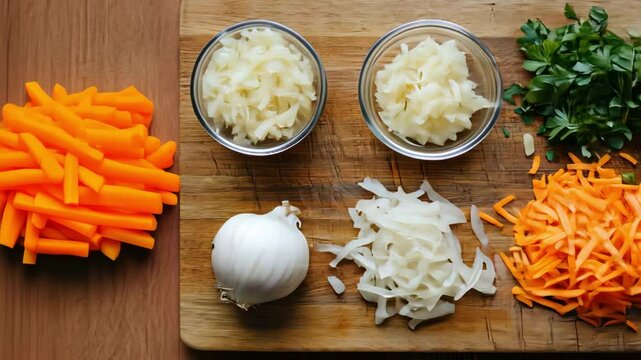 Overhead shot of fresh ingredients: carrots, parsley, onions, and garlic on wood.