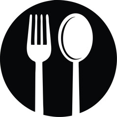White fork and spoon are placed against a contrasting black circular background together