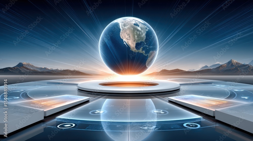 Poster futuristic globe interface in a high-tech environment with abstract design elements