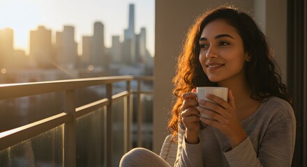 Woman Enjoying Morning Coffee on Balcony with City Skyline View