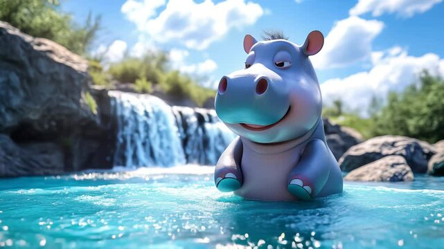 Adorable 3d cartoonish baby hippo splashes in the turquoise river with waterfall in the background on a sunny day