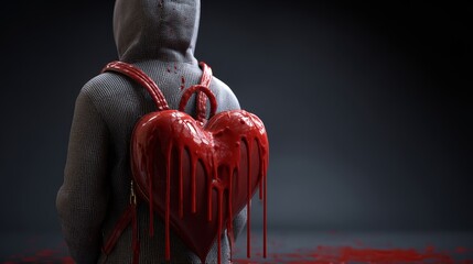 A person carrying a heart-shaped backpack leaking red paint. Concept of emotional vulnerability.