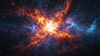 Obraz premium Fiery Supernova Explosion in Space. A beautiful view of a supernova explosion, with vibrant colors and intricate details, captured in deep space.