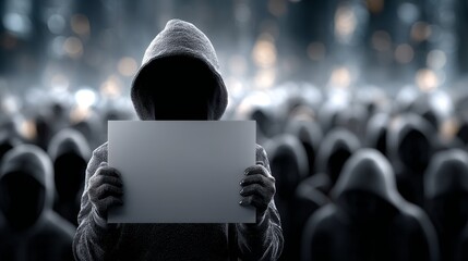 A protester holding a blank sign in a crowd of identical masked people. Concept of lost voice in conformity.
