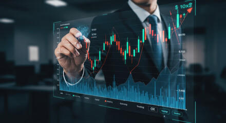 Financial Analyst in Suit Charts Market Growth, Using Interactive Screen to Enhance Trading Strategy