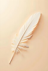 Naklejka premium A delicate white feather rests gently on a soft beige backdrop, its intricate barbs and quill creating a study in texture and subtle light